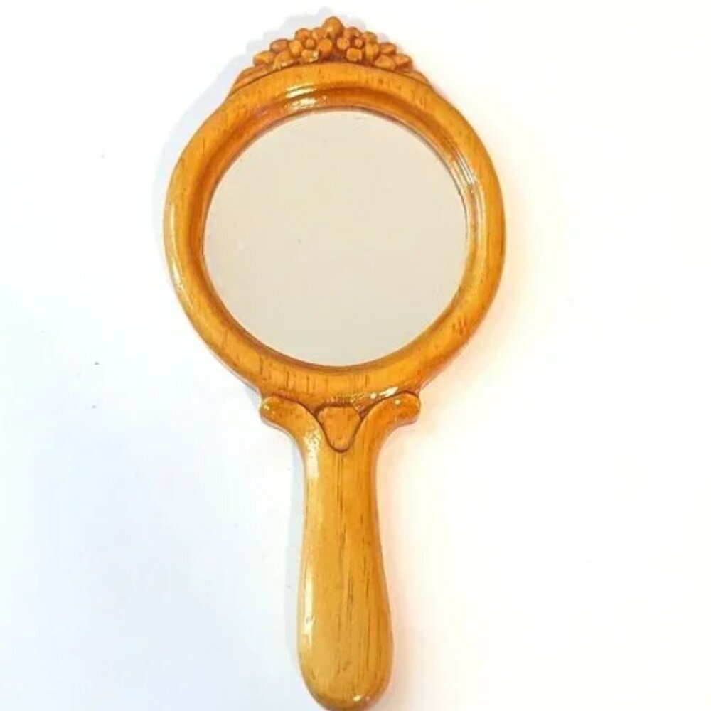 Vintage Handheld Mirror Vanity Balsa Wood Carved‎ Floral Lacquered